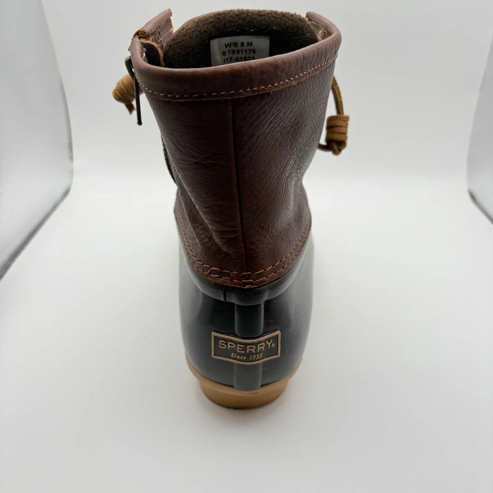 Sperry Women 8 Saltwater Duck Boots Brown Black Leather Rubber Waterproof Ankle